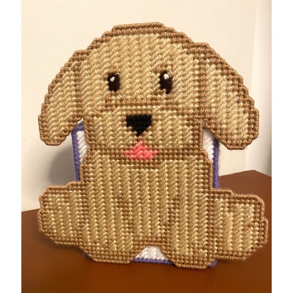 Handmade Needlepoint Plastic Yarn TREAT BOX & PHOTO FRAME Dog Puppy Retriever - Picture 7 of 13